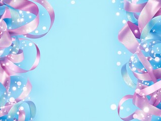 Colorful ribbons in pink and blue on a light blue background with sparkles