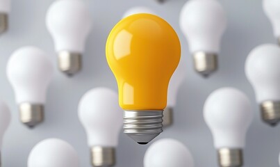 A single glowing bulb stands out, surrounded by many white, off bulbs in a gray, neutral tone