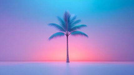 Obraz premium Single Palm Tree Silhouette at Sunset on a Pink and Blue Beach