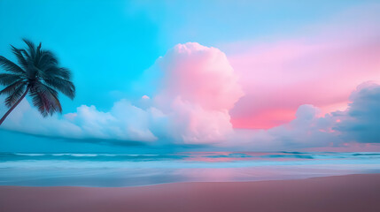 Pastel Sunset Over Tropical Beach with Palm Trees