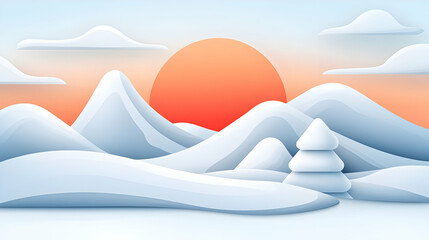 Pastel Winter Sunset Landscape with Snowy Mountains and Trees