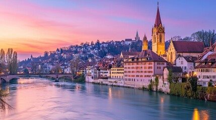 Obraz premium Picturesque Sunset over Bern's River Aare and its Historic Old Town