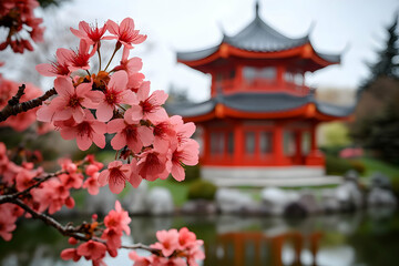 Peaceful Japanese Garden with Blooming Pink Cherry Blossoms and Red Pagoda