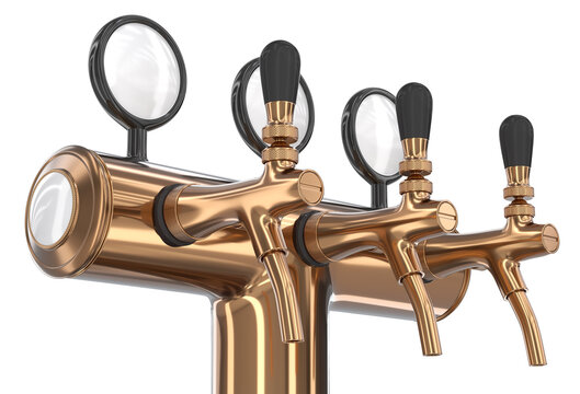 Close-up of beer pump tower with three taps, handles and led medallions. 3d illustration transparent background