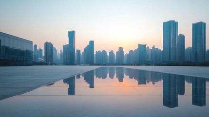 Obraz premium Cityscape sunrise reflection, plaza, urban, dawn
