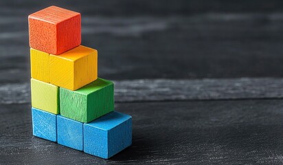 A stack of vibrant blocks creates a step-like pattern on dark textured background. Blocks in red, yellow, green, and blue form an ascending order