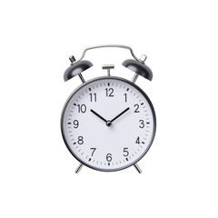 A classic alarm clock with a round white face, black markings, and twin bells on top. isolated on transparent background
