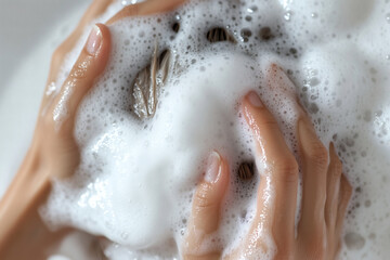 Fototapeta premium Hands washing hair with foamy soap