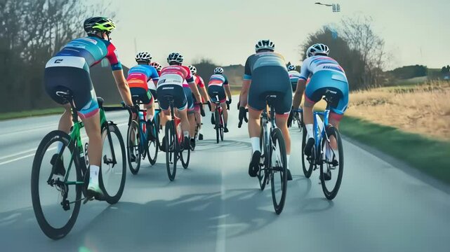 Professional cyclists racing in peloton formation along country road. The pack of competitive bikers in blue jerseys moves steadily forward, maintaining aerodynamic group positioning during race.
