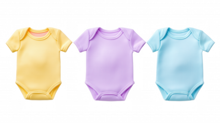 Three colorful baby onesies in yellow, purple, and blue arranged side by side. isolated on transparent background