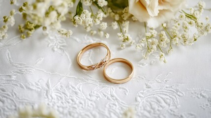 Elegant gold wedding rings on lace with delicate baby's breath flowers