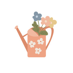 Muted blush rose color watering can with daisies flowers inside. Vector hand drawn illustrations in flat style of funnel with colorful daysies bouquet. Spring art