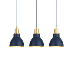Three stylish pendant lights with a navy finish and gold accents hang elegantly, adding a modern touch to any space. isolated on transparent background