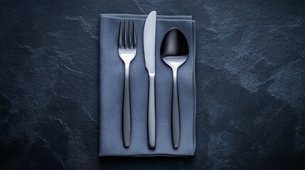 Elegant silverware set on gray fabric napkin on dark slate surface