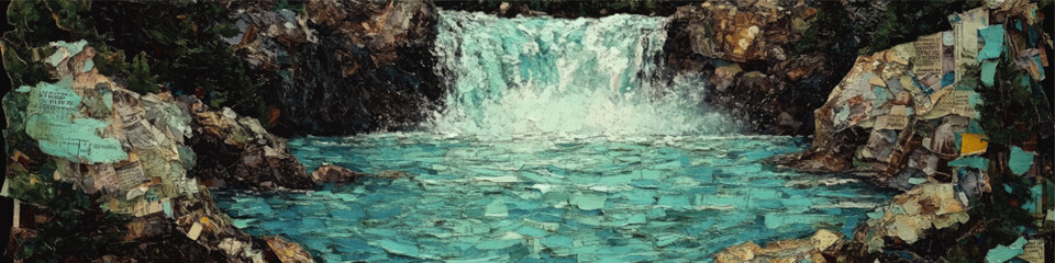 Stunning Mixed Media Art of Serene Waterfall and Rocky Landscape with Turquoise Waters and Lush Greenery - Perfect for Nature and Art Enthusiasts