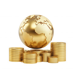 A golden globe sits atop a pile of gold coins, symbolizing wealth and global finance. isolated on transparent background