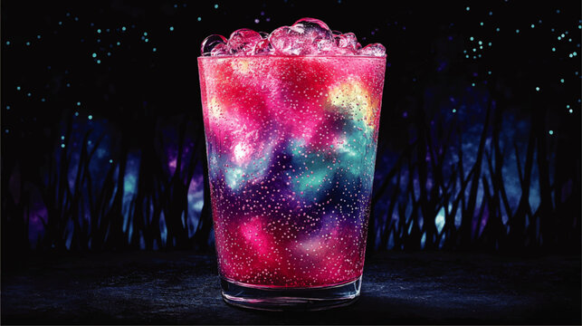 Vibrant Neon Galaxy Drink Vector Art with Cosmic Night Sky and Glowing Bubbles Background for Unique Beverage Design | Eye-Catching Universe-Inspired Illustration