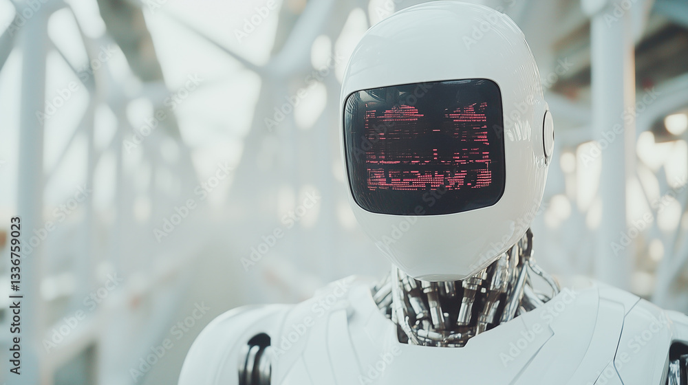 Poster future-forward: a close-up of a cutting-edge robot with a sleek, modern design. its face displays a 