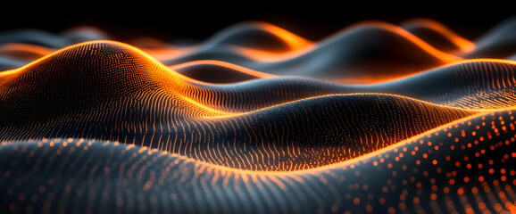 Abstract glowing orange digital wave background futuristic data flow technology concept dynamic particles waveform visualization