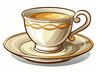 vector of classic white porcelain teacup with a curved handle and matching saucer. The smooth surface reflects light, giving it a delicate look
