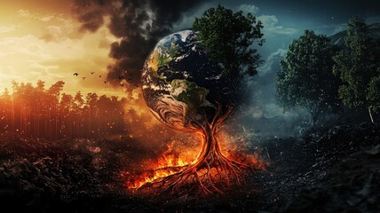 Fototapeta premium A powerful image of Earth weeping as trees are felled; roots transform into human-like veins, symbolizing deep pain and connection to deforestation. 
