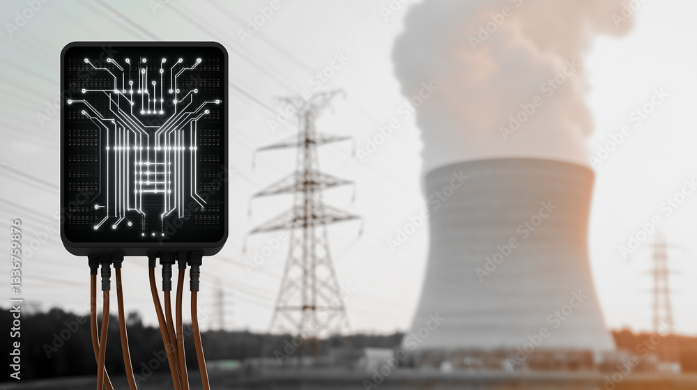 Poster digital power: a conceptual image merges high-tech circuit board with the infrastructure of a power 