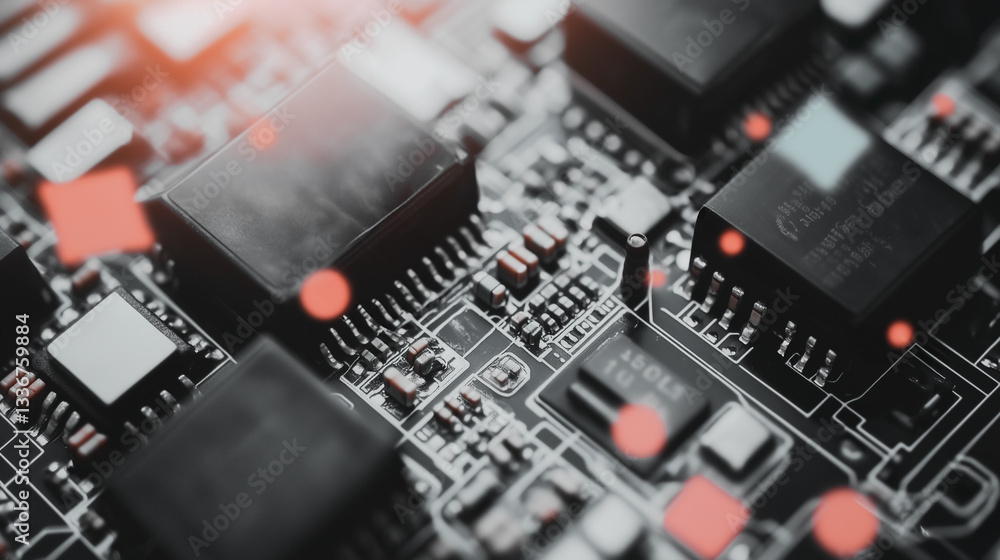 Poster circuit board: close-up of a complex circuit board, showcasing electronic components and intricate p