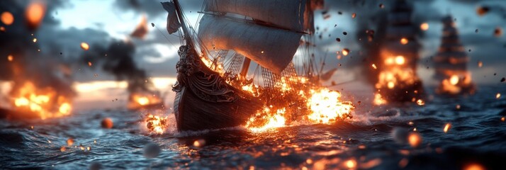 Clash of Rival Pirate Crews: Epic Battle at Sea with Cannonballs and Swinging Pirates