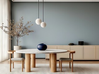 Elegant dining room design modern apartment interior decor minimalist environment wide angle view aesthetic concept