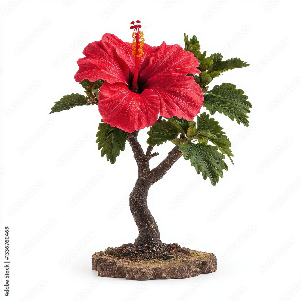 Poster realistic photography of a beautiful red hibiscus tree displaying its eye-catching blooms against a 