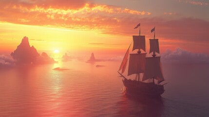 Fototapeta premium Sunset Voyage of the Pirate Ship: Embracing Adventure and Mystery on the High Seas