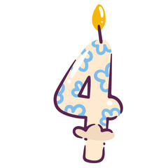 Cartoon candle numeral four on birthday cake in shape of number 4 with fire on wick. Burning candle with pattern and flame. Anniversary, age mascot, cupcake decor cartoon vector illustration