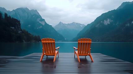 Two Orange Adirondack Chairs on a Wet Dock Overlooking a Serene Mountain Lake