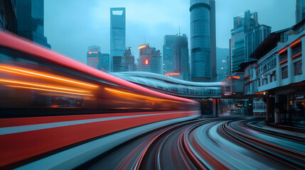 Obraz premium Urban Night Scene with High Speed Train and City Lights