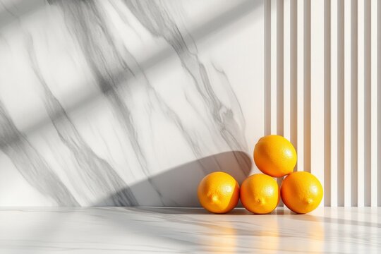 A 3D digital illustration of a stack of lemons on a polished marble surface, with dynamic shadows and reflections adding depth and realism