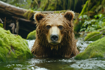 Fototapeta premium A brown bear in the forest, looking at the camera, with wet fur, in a green, mossy environment, with a river bank background.