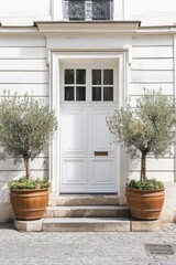 Stylish entrance with white door and olive trees in terracotta pots in a charming urban setting during sunny daylight hours