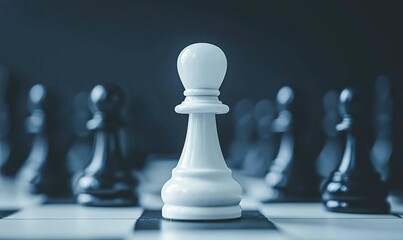 A white pawn stands out on a chessboard, surrounded by black pieces, in a stark, strategic composition