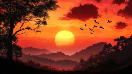 Beautiful fantasy silhouette background landscape digital art 3d illustration