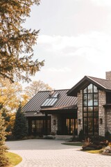 Luxurious modern house with large windows and natural surroundings during golden hour in a tranquil neighborhood setting