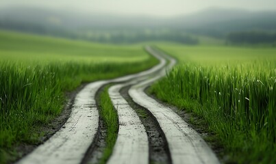 A winding dirt path cuts through vibrant green fields toward distant hills under a misty, soft sky