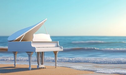 A white piano sits serenely on a sun-kissed beach, waves gently lapping at its legs