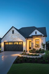 Elegant modern home exterior with landscaped garden and warm evening lights, showcasing architectural details against a clear blue sky in a suburban neighborhood