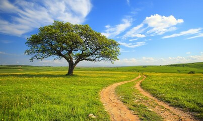 A winding path through a verdant meadow leads to a solitary tree under a bright, cloud-dotted sky