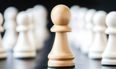 A wooden chess pawn stands out amongst white pawns, symbolizing leadership and strategy