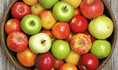 A wooden bowl brimming with an array of colorful, fresh apples, ready to eat. Natural light and vibrant colours create an appealing visual
