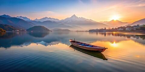 A serene boat ride on Pokhara lake at sunrise with the Himalayan mountains reflected in the water , Himalayas, valley