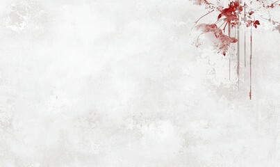 Abstract art with red floral accent. White canvas, textured with red flower and dripping lines on the upper right corner
