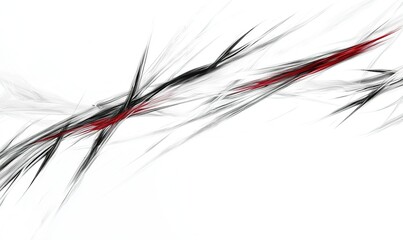 Abstract artwork featuring flowing lines in black, white, and red on a clean white background