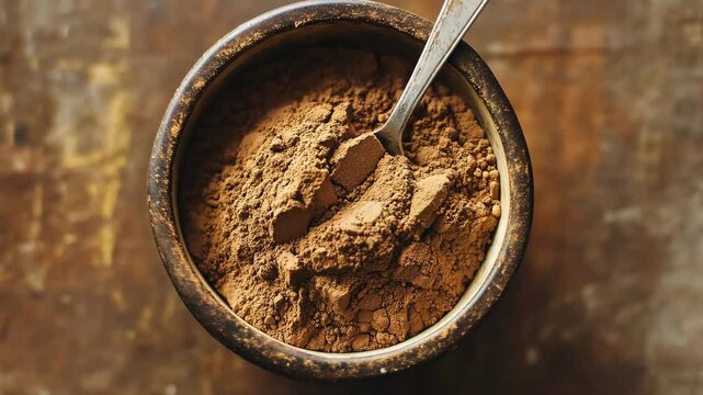 Rustic cocoa in wooden bowl with metal spoon on table, organic maca root powder